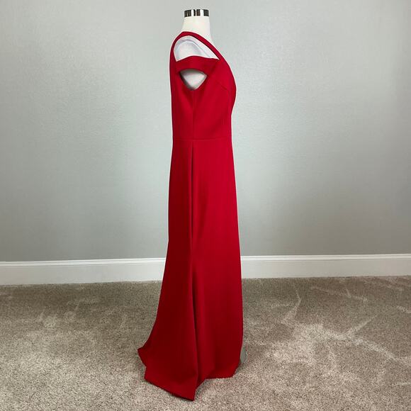 Red One Shoulder Evening Gown Size 14P XSCAPE Cut Out Thigh Slit Formal Dress - Picture 3 of 14